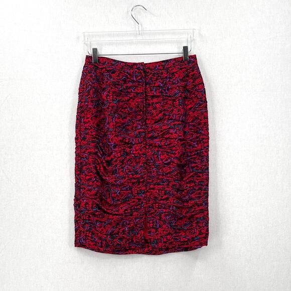 RAUL BLANCO Vintage 80s Silk Pencil Skirt 12 Red Multi Scrunch Ruched Printed - Picture 3 of 15
